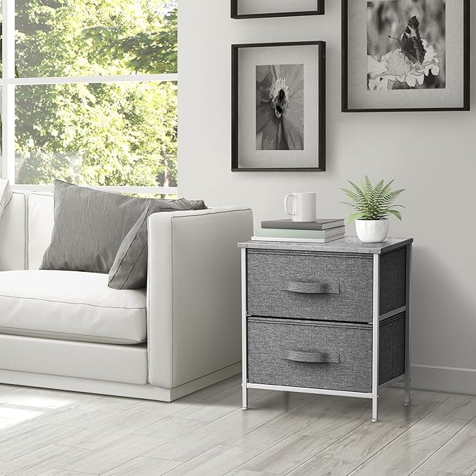 Sorbus Nightstand with 2 Drawers - Bedside Furniture End Table Night Stand with Steel Frame, Wood Top & Easy Pull Fabric Bins - Small Dresser & Chest for Home, Bedroom Accessories & Office