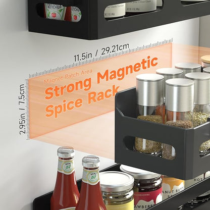 Sevenblue 4 Pack Strong Magnetic Spice Rack for Refrigerator, Multipurpose Magnetic Shelf for Fridge with 4 Hooks for Kitchen and Bathroom Organization, Black