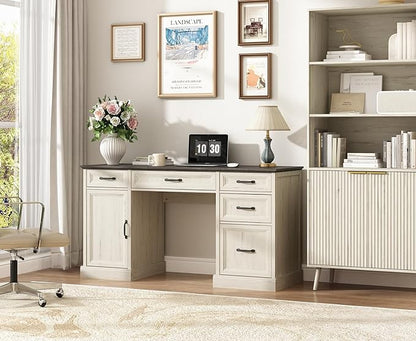 CARPETNAL 58'' Farmhouse Executive Desk with Drawers, Home Office Desk with File Drawer and Storage Cabinet, Rustic Computer Desk for Working, Studying, Writing, White