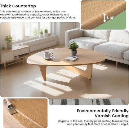 Modern Triangle Coffee Table: Unique Funky Soild Wood Coffee Tables for Living Room, Wooden Oval Mid-Century Modern Abstract Tea Tables for Patio Office Balcony Natural 43" L x 31" W x 16" H