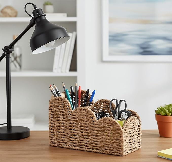 CubesLand Bedside Table Desk Organizer Caddy, Remote Pen&Pencil Holder Cup, Makeup Brush Holder w/Scalloped Perfect for Home, Office Desk, Living Room Table Decor, 3 Slots Neutral