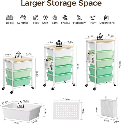 Rolling Cart with 3 Drawers, Plastic Drawer Storage Carts with Lockable Wheels & Wooden Tabletop, Metal Utility Cart Organizer, Office Bedroom Classroom Craft Organization and Storage, Bright Green