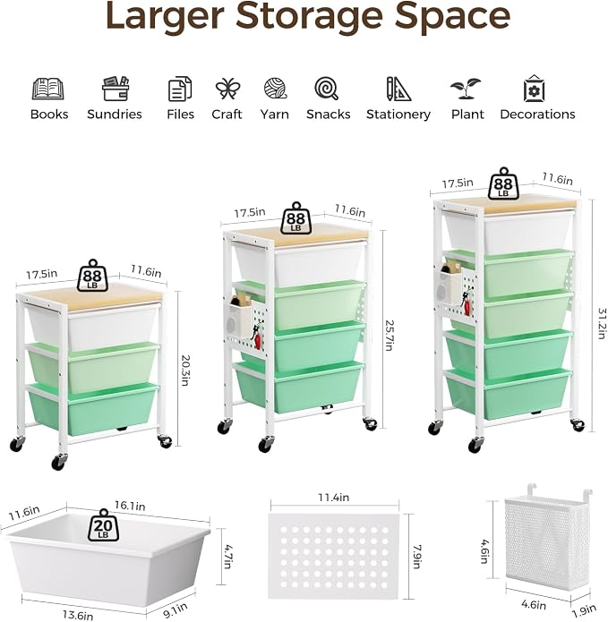Rolling Cart with 5 Drawers, Plastic Drawer Storage Carts with Wheels & Wooden Tabletop, Metal Utility Cart with Pegboards, Office Living Room Classroom Craft Organization and Storage, Bright Green