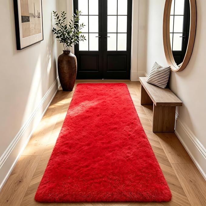 Shag Runner Rug for Bedroom Living Room 2x6 Upgrade Non-Slip Fluffy Soft Bedside Rugs,Red Shaggy Carpet for Livingroom Dorm Home Decor Aesthetic
