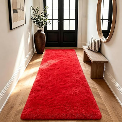 Shag Runner Rug for Bedroom Living Room 2x6 Upgrade Non-Slip Fluffy Soft Bedside Rugs,Red Shaggy Carpet for Livingroom Dorm Home Decor Aesthetic
