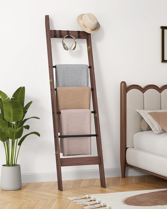 Hzuaneri Blanket Ladder for Living Room, Decorative Quilt Rack with 4 Removable Hooks, 6-Tier Farmhouse Ladder Holder Shelf Organizer for Bedroom, Black Tea Brown and Black BR31520B