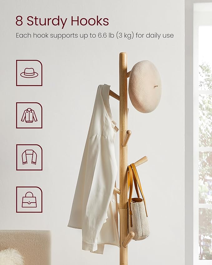 VASAGLE Solid Wood Coat Rack, Free Standing Hall Coat Tree with 8 Hooks, 3 Height Options, for Coats, Hats, Bags, Purses, for Entryway, Hallway, Rubberwood Hooks and Pole, Natural Beige URCR010N01