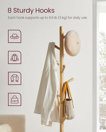VASAGLE Solid Wood Coat Rack, Free Standing Hall Coat Tree with 8 Hooks, 3 Height Options, for Coats, Hats, Bags, Purses, for Entryway, Hallway, Rubberwood Hooks and Pole, Natural Beige URCR010N01