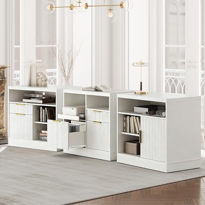3 Drawer File Cabinet, Fluted Wood Lateral Filing Cabinet with Charging Station for Home Office, Fits for A4/Letter-Sized Files, Printer Stand with Open Storage Shelves, White