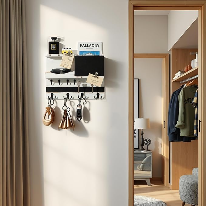 Key Holder for Wall Mount with Shelf and Mail Organizer, Key and Mail Holder with 16 Hooks, Farmhouse Entryway Organizer, Home Decor Rack (Pine Wood, White Washed)