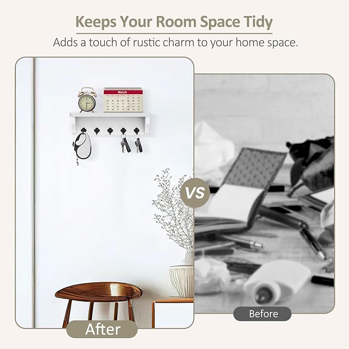 Nekon Key Holder for Wall, 11.8" W x 3.5" H x 2.8" D Decorative Key Organizer with Floating Shelf, Wall Mount Key Rack with 5 Hooks (Rustic White)