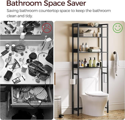 MAHANCRIS Over The Toilet Storage Rack, 4 Tier Bathroom Organizer Over Toilet, Freestanding Space Saver Toilet Stand with 2 Hooks, Bathroom Storage Shelf, Easy to Assemble, Black TSHB0401