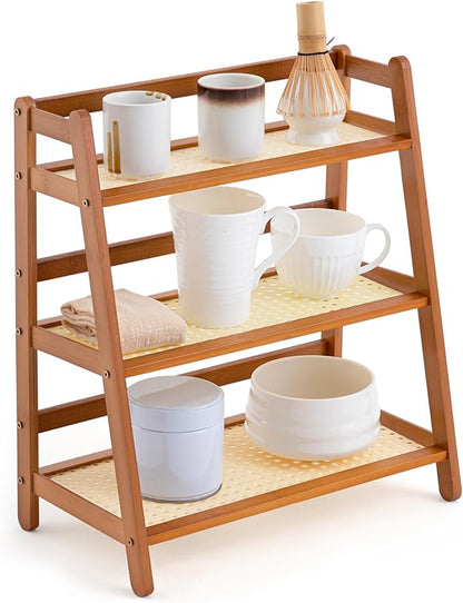 Yalikop 3 Tier Matcha Station Shelf Bamboo Coffee Mug Stand Countertop Storage Rack,Three Layer Rattan Office Cup, Kitchen, Tea, Plant, Bar Accessories Condiment Display(Brown)