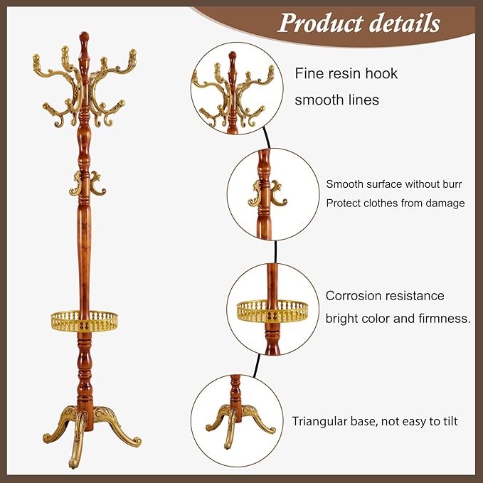 Wooden Coat Rack Freestanding, Vintage Coat Racks with Sturdy Round Base, Adjustable Height 37.40"-72.83" Entrance Coat Rack for Bedroom Living Room Entryway (Begonia Upgraded version)