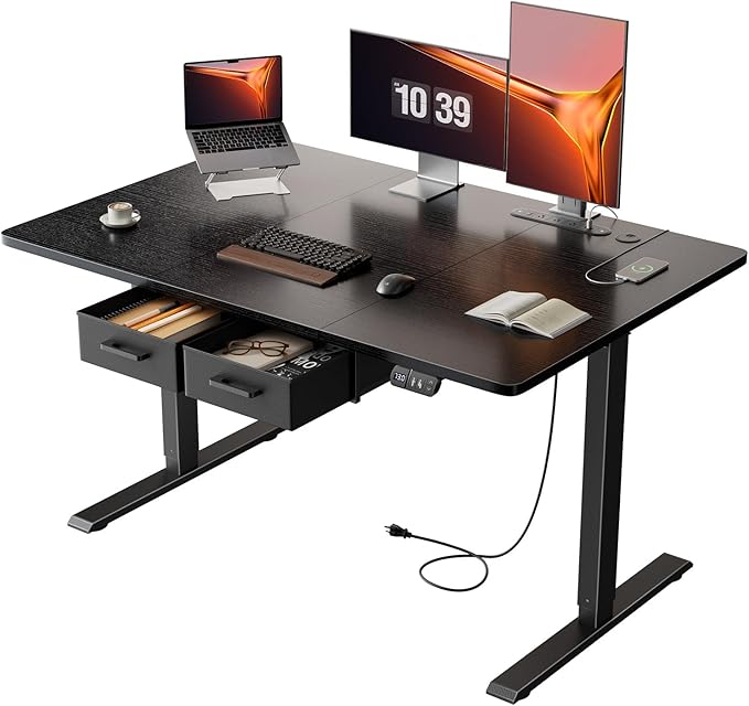 HLDIRECT Electric Standing Desk, 47 x 31.5 Inches Height Adjustable Table with Outlets, Sit Stand Computer Desk with Drawers for Home Office, Ergonomic Rising Workstation, Black