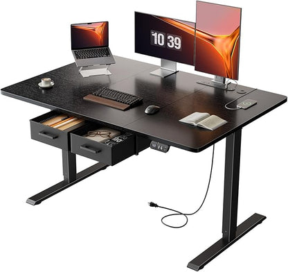 HLDIRECT Electric Standing Desk, 47 x 31.5 Inches Height Adjustable Table with Outlets, Sit Stand Computer Desk with Drawers for Home Office, Ergonomic Rising Workstation, Black