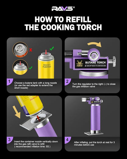 RAVS 2 Flame Mode Butane Torch Lighter, Refillable Kitchen Torch with Adjustable Flame & Safety Buckle, Metal Body Cooking Torch for Baking, BBQ, Purple Soldering Torch Butane Gas Not Included