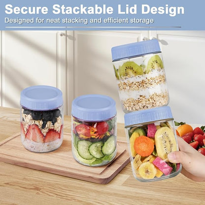 Overnight Oats Containers with Lids, 16oz Wide Mouth Mason Jars with Lids, 9 Pack Glass Jars with Airtight lid for Chia Pudding Yogurt Salad, Meal Prer Oatmeal Jars, Blue