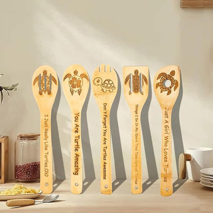 5PCS Turtle Wooden Cooking Spoons Sea Turtle Gifts Turtle Decor Turtle Gifts for Women Turtle Kitchen Decor Gifts for Turtle Lovers Housewarming Wedding Cooking Bamboo Cooking Spoons for Everyday Use