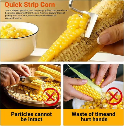 3 Pcs Corn Peeler, Stripper and Holder Set, Stainless Steel Serrated Blade Corn Remover Tool with Long Handle