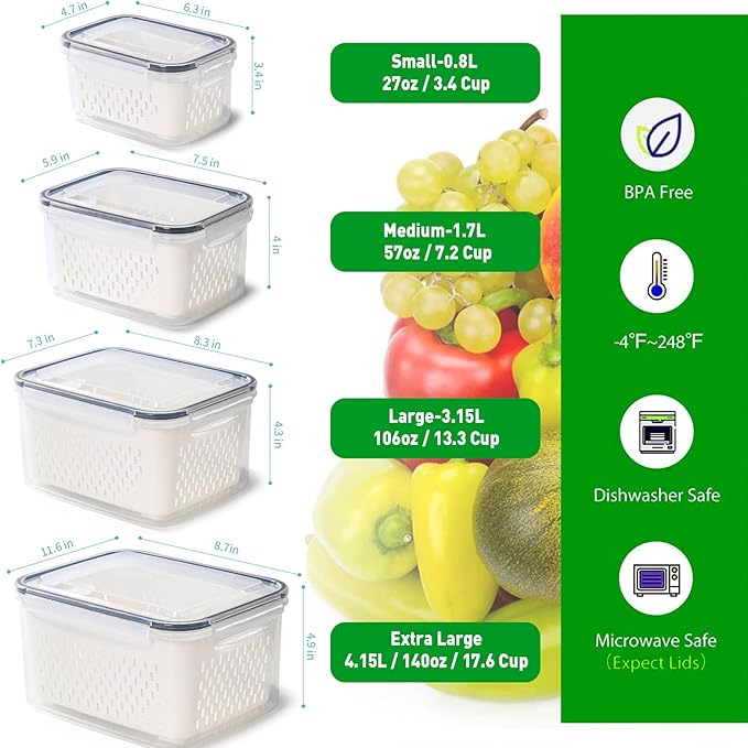 Pack of 4 Fruit Fresh Produce Protector, Grape Container for Fridge, Fruit Saver Lettuce Container with Drain Colanders, Partitioned Salad Container, Refrigerator Organizer for Lettuce Berry Food (4)