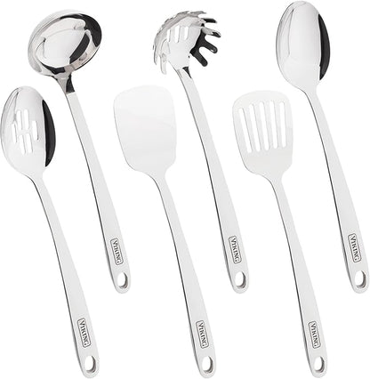 Viking Kitchen Utensils Set, 6 Piece Stainless Steel Cooking Utensil Set, Includes Spatulas, Spoons, Pasta Fork, and Deep Ladle, Hollow Forged, Silver