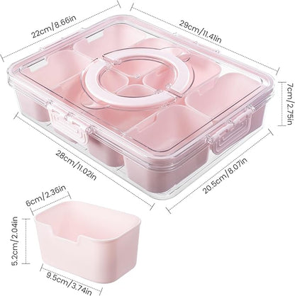 Divided Serving Tray with Lid and Handle - Snackle Box Charcuterie Container for Portable Snack Platters Organizer for Candy, Fruits, Nuts, Snacks - Perfect for Party, Entertaining, Pink