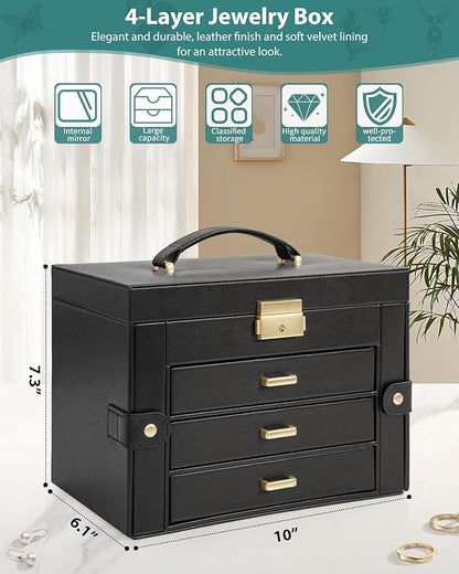 AKOZLIN Large 4-Tier Jewelry Box Leather Jewelry Storage Organizer with 3 Drawers Lockable for Women Girls Ring Necklace Earring Bracelet Watches Holder with Mirror Black