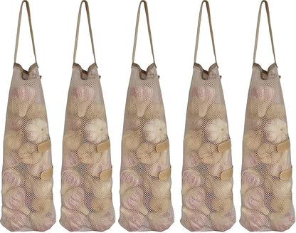 Ahyuan Hanging Mesh Storage Bags 5 Pack Onion Garlic Potatoes Net Mesh Bag Long and Large Reusable Net Produce Bags for Fruit Veggies Garbage Bag for Home RV Camper