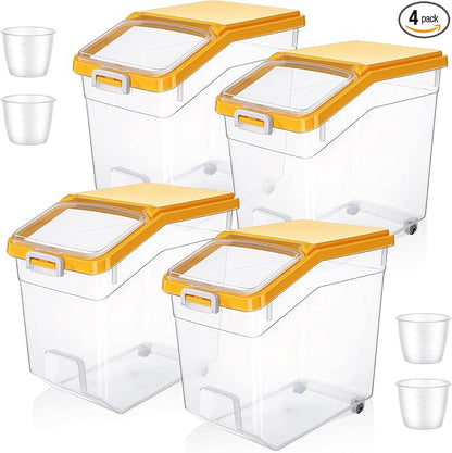 Sunnyray 4 Pcs Rice Storage Container 38 lb Flour Container with Wheels Measuring Cup Clear Pet Food Bin Dog Bird Cat Food Bin Grain Cereal Organizer Box for Dry Baking Supplies(Yellow Lid)