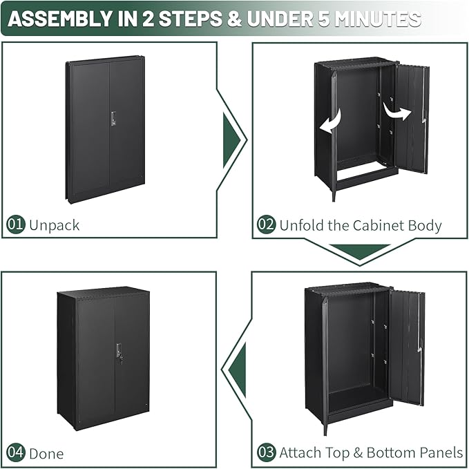 42" Folding Metal Storage Cabinet with Lock,2 Doors and 2 Adjustable Shelves,Quick Assembly Foldable Steel Cabinet for Office Home Garage,Black