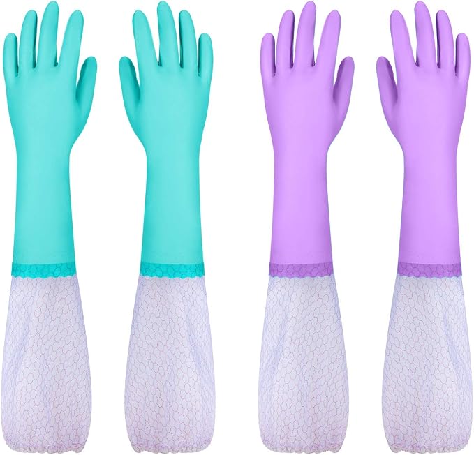 Elgood Reusable Long Sleeve Dishwashing Cleaning Gloves with Latex Free,Cotton Lining,Kitchen Gloves 2 Pairs,Purple+Blue M