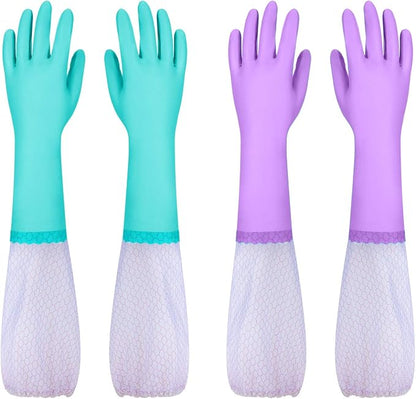 Elgood Reusable Long Sleeve Dishwashing Cleaning Gloves with Latex Free,Cotton Lining,Kitchen Gloves 2 Pairs,Purple+Blue L