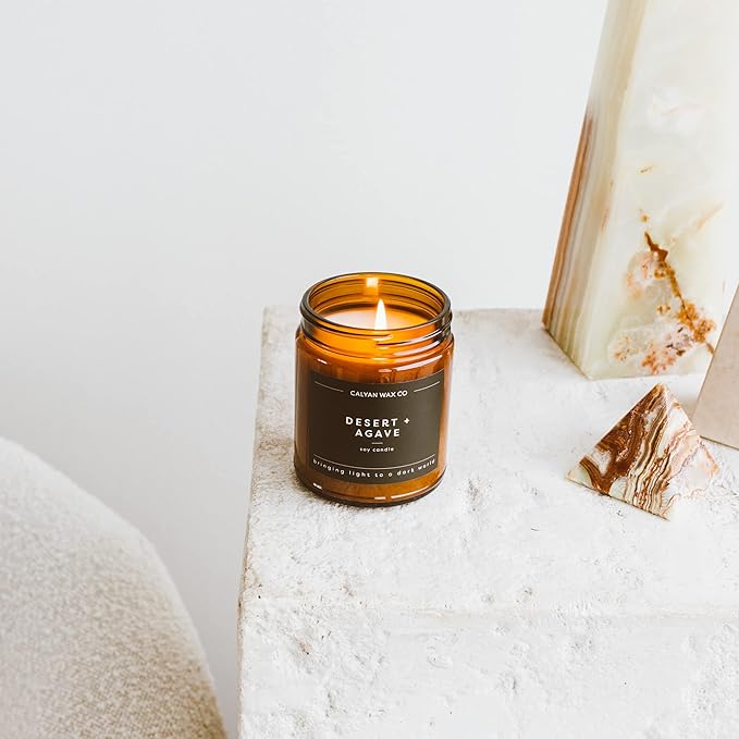 Calyan Wax Co. Desert & Agave Scented Candle - 57 Hour Burn - Luxury Non Toxic Soy Wax Candles - Long Lasting Amber Glass Jar Candle for Home - 7.2oz