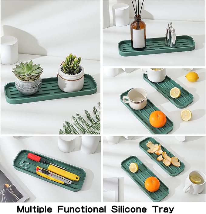 MicoYang Silicone Kitchen Sink Organizer Tray for Multiple Usage,Eco-Friendly Sponges Holder for Kitchen Bathroom Counter or Sink,Dish Soap Dispenser,Scrubber,Bottle,Cup (Green, 12"×4")