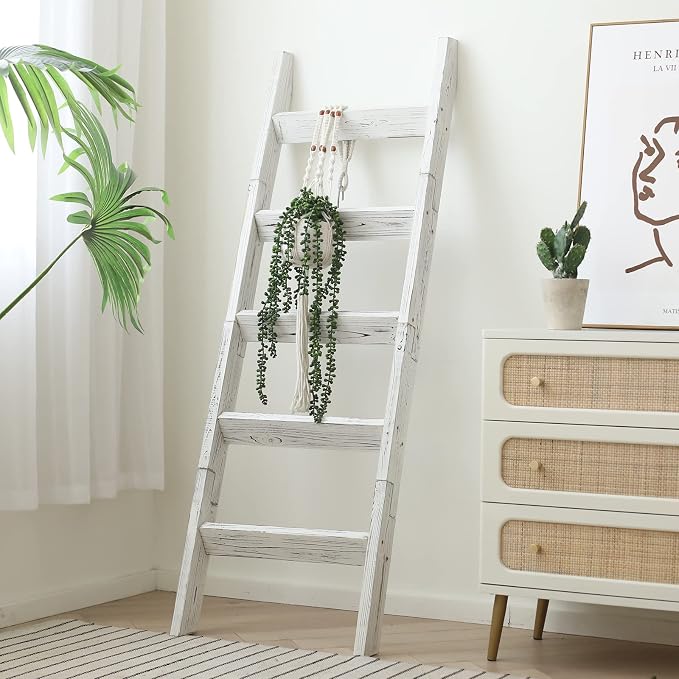 FUIN 5ft Wood Blanket Ladder Living Room Decorative Wall Leaning Farmhouse Quilt Display Holder Storage Wooden Towel Rack for Bathroom, Rustic White