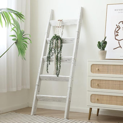 FUIN 5ft Wood Blanket Ladder Living Room Decorative Wall Leaning Farmhouse Quilt Display Holder Storage Wooden Towel Rack for Bathroom, Rustic White