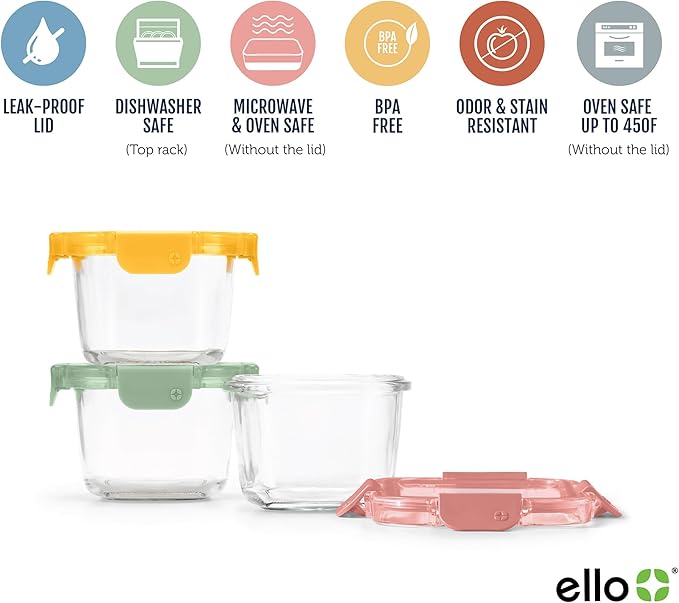 Ello Color Lock Glass Meal Prep Sets Leak-Proof Glass Food Storage Containers with Airtight BPA-Free Plastic Lids, Dishwasher, Microwave, and Freezer Safe