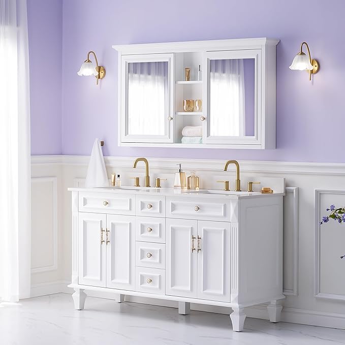 WELLFOR 55 x 30-in Bathroom Cabinet with Double-Side Mirrors, Wall Mounted Wood Mirror Storage Cabinet with 2 Soft-Close Door/ 6 Solid Wood Shelves, Anti-Fog Glass, Z-bar Hangs Vertically, White