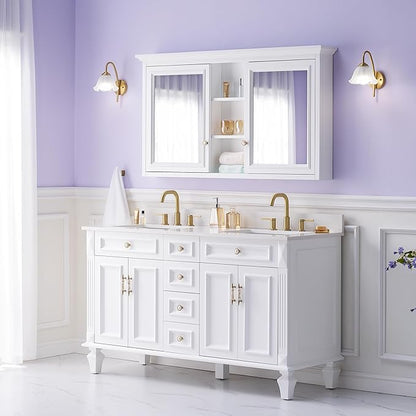 WELLFOR 55 x 30-in Bathroom Cabinet with Double-Side Mirrors, Wall Mounted Wood Mirror Storage Cabinet with 2 Soft-Close Door/ 6 Solid Wood Shelves, Anti-Fog Glass, Z-bar Hangs Vertically, White