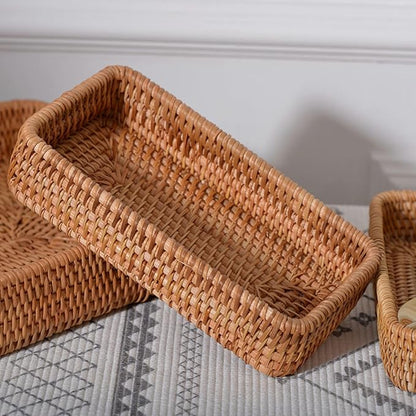 1PCS 10.63x4.33 Inch Rattan Bathroom Vanity Tray Vintage Storage Basket Bin Toilet Paper Basket for Bathroom Kitchen Toilet Tank Vanity Countertop Table Shelf