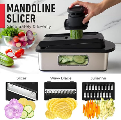 MUELLER HOME Pro-Series 10-in-1, 8 Blade Stainless Steel Multi Vegetable Chopper And Mandoline Slicer, Kitchen Tools and Gadgets, Food and Veggie Chopper, Mincer, Dicer, French Fry Cutter, Black