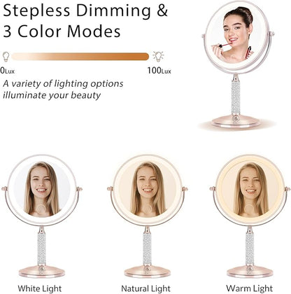 7" Rose Gold Glitter Diamond Rhinestone Makeup Mirror,360°Rotate Round Tabletop Vanity Mirror Double Sided 1X/10X HD Undistorted Magnifying Mirror,Portable Vanity Women Gift (Rose Gold)