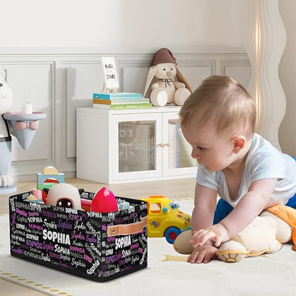 Custom Name Storage Basket, Personalized Small Storage Basket with Handles for Organizing Women Cosmetics Kids Toys Office Closet Shelf Baskets, Black with Colorful Names