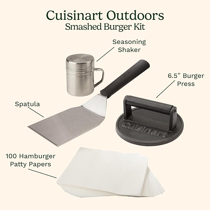 Cuisinart Smash Burger Kit, Cast Iron Press, Spatula, Seasoning Shaker and Patty Papers for Perfect Cookouts, Barbecues and Tailgates