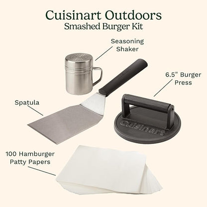 Cuisinart Smash Burger Kit, Cast Iron Press, Spatula, Seasoning Shaker and Patty Papers for Perfect Cookouts, Barbecues and Tailgates