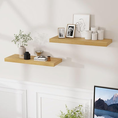 Fun Memories Floating Shelves 24 Inch Long, 9.3 Inch Deep Floating Shelf for Lving Room, Bedoom, Kitchen, Deep Wall Shelves for Bathroom, 2 Pack Storage Display Shelf for Books, Decors, Oak