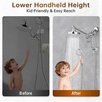 BRIGHT SHOWERS Rain Shower Head with Handheld Spray Built-in Power Wash, High Pressure Dual Shower Head with Height Adjustable Extension Arm, 3-Way Diverter, 9 Settings Handheld, 69” Long Hose, Chrome