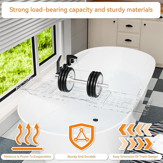 Yieach Luxury Clear Acrylic Bathtub Tray with Book Holder,Expandable Bath Tray for Tub and Bath Shelf Over Tub,Plastic Bath Table & Board,Bath Caddy Trays & Accessories for Women Relaxing Spa Gifts