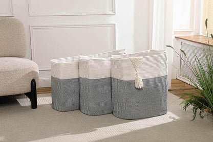 Tall Laundry Basket With Handles,Woven Cotton Rope Big Laundry Hamper Sorters,Versatile Storage for Dirty Clothes,Baby Toys,and Blankets in Bathroom, Nursery,and Living Room (Silver Gray, 80L)